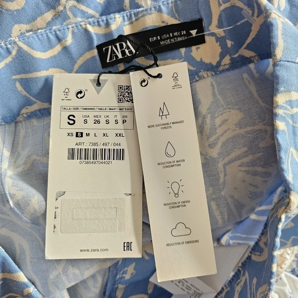 New Zara Full Length Floral Linen Blend High Waisted Blue/White Pants NWT Small